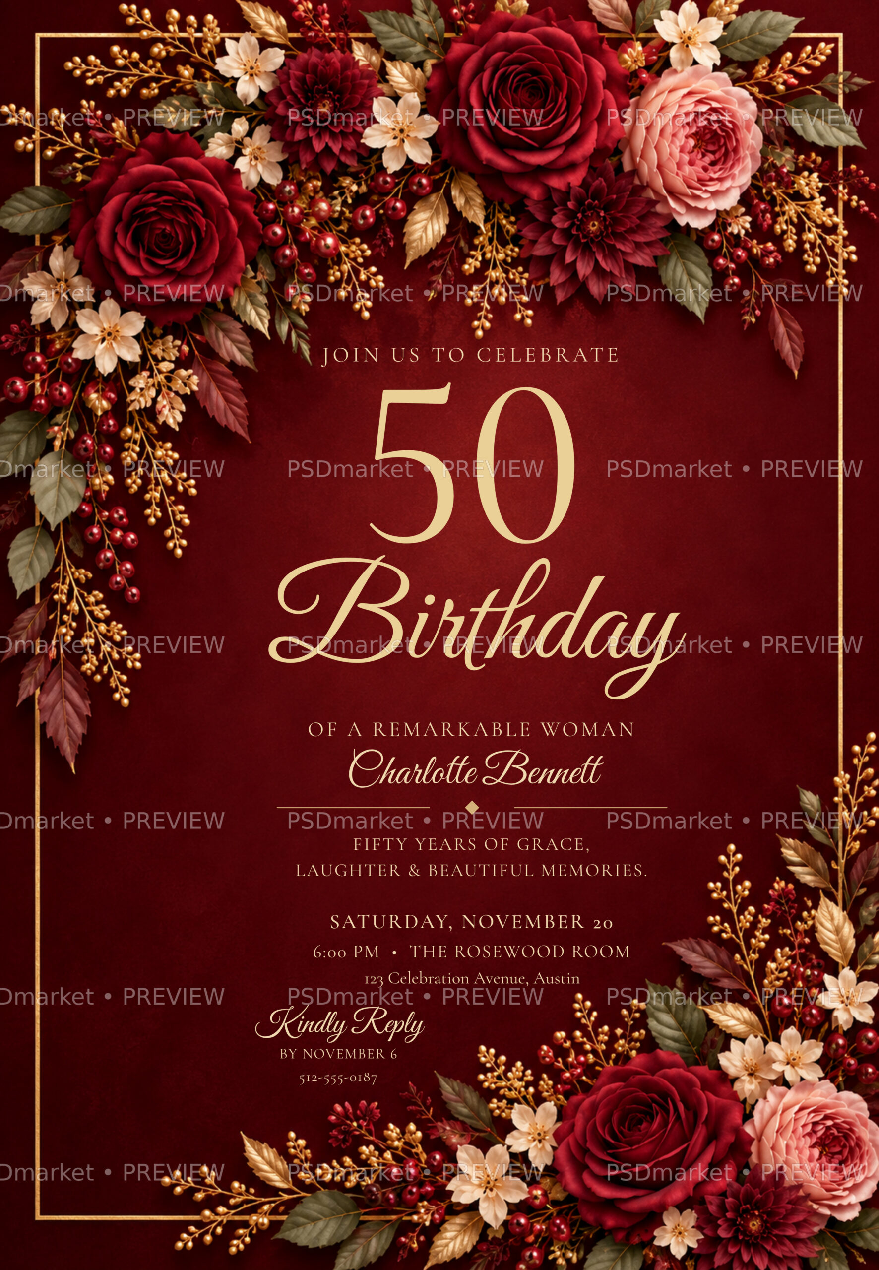 Fifty in Bloom floral 50th birthday invitation PSD with botanical border — watermarked preview