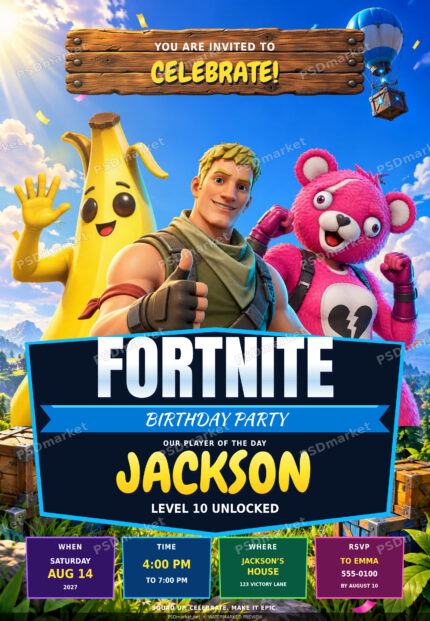Unofficial Fortnite birthday fan-art invitation with Jonesy, Peely and Cuddle Team Leader — watermarked preview