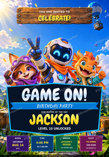 Game On gaming birthday invitation with robot, explorer and dragon — watermarked preview