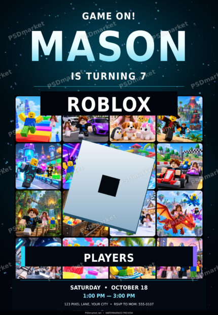 Unofficial Roblox birthday fan-art invitation with game-scene mosaic — watermarked preview