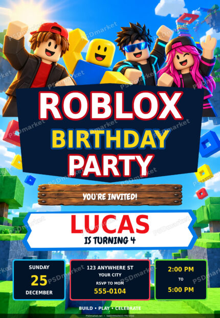 Unofficial Roblox birthday party invitation with avatars and sunlit islands — watermarked preview