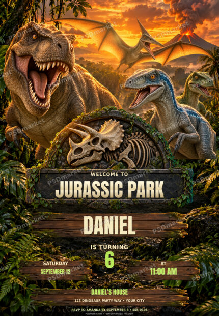 Unofficial Jurassic Park birthday invitation with dinosaurs and sunset jungle — watermarked preview