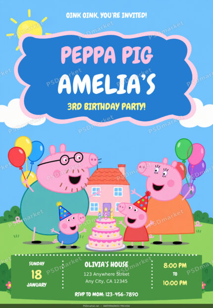 Unofficial Peppa Pig birthday invitation with family and cake — watermarked preview