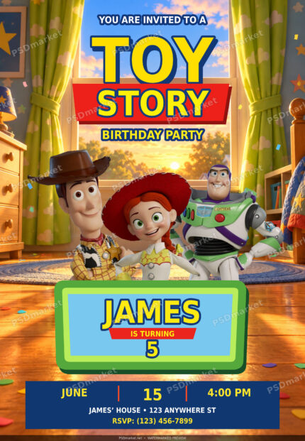 Unofficial Toy Story birthday invitation with Woody, Buzz and Jessie — watermarked preview