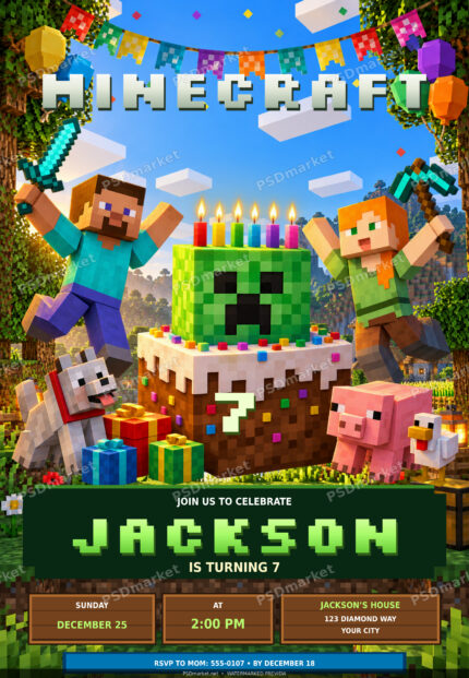Minecraft-themed fan-art birthday invitation with voxel party scene — watermarked preview