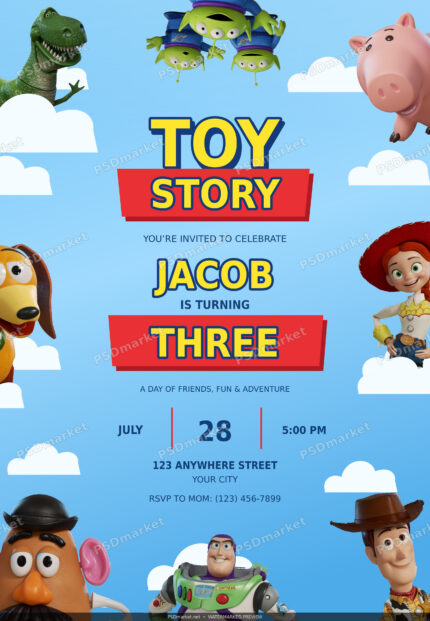 Toy Story-themed cloud birthday invitation — watermarked preview