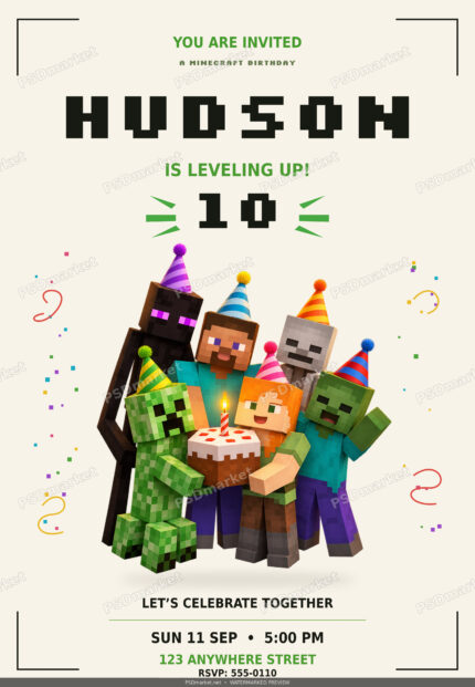 Minecraft-themed level-up birthday invitation — watermarked preview