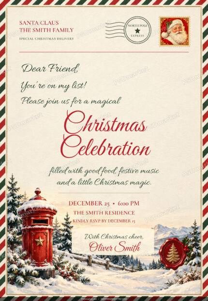 Vintage Christmas postal invitation with red script and snowy landscape — watermarked preview