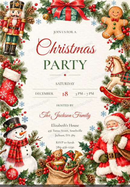 Watercolor Christmas party invitation with festive illustrated border — watermarked preview