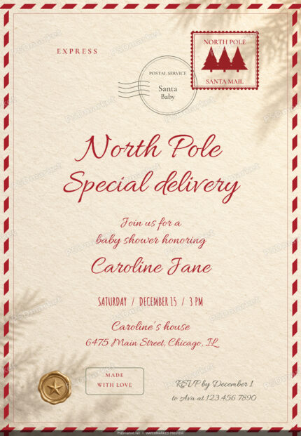 Christmas baby shower postal invitation with evergreen postage and gold wax seal — watermarked preview
