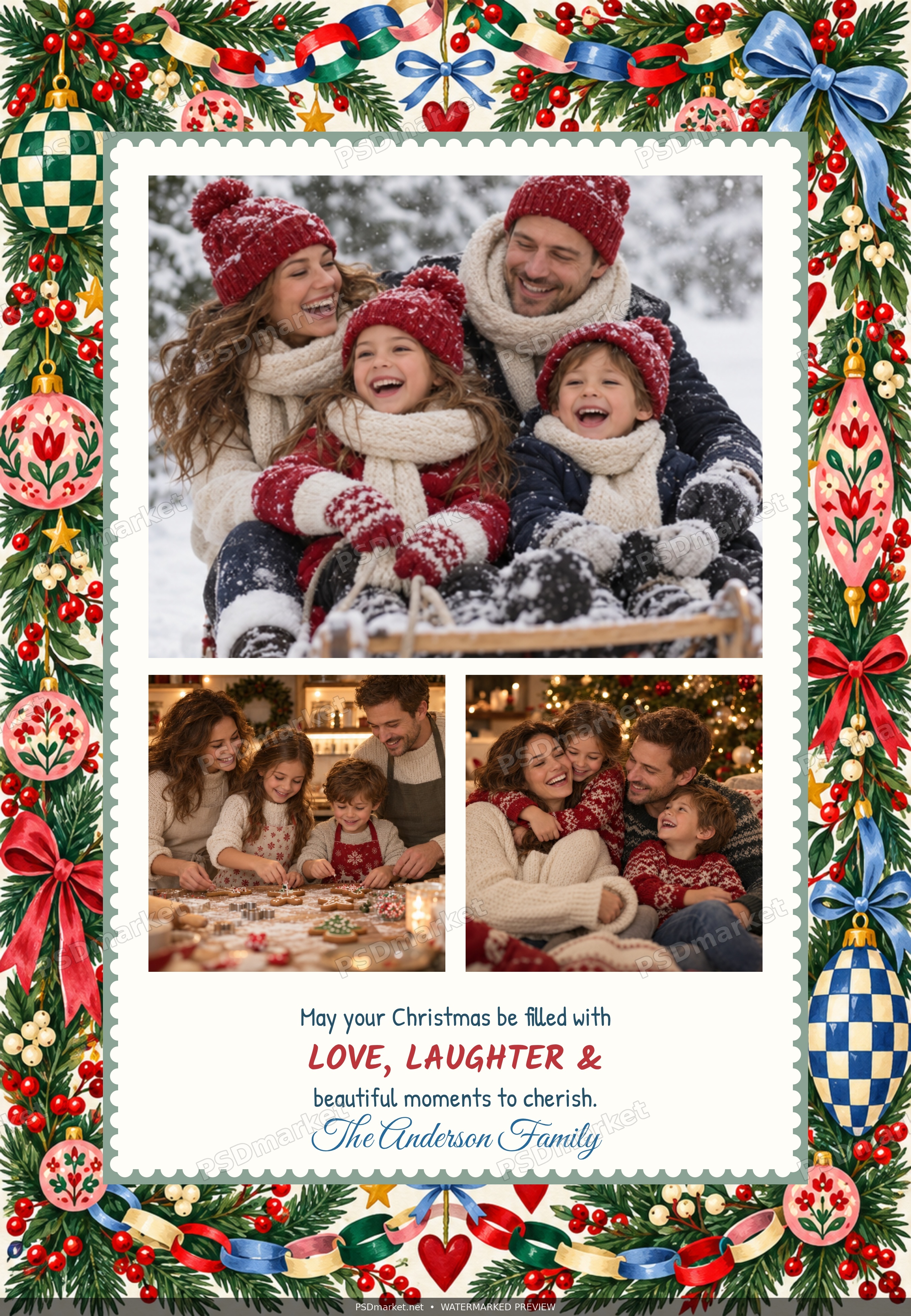 Watermarked back of Christmas Family Memories two-sided photo card PSD