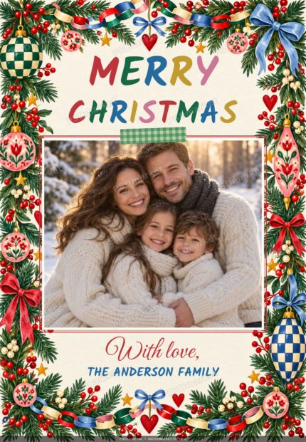 Watermarked front of Christmas Family Memories two-sided photo card PSD