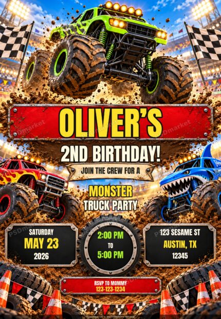 Monster truck birthday invitation PSD with established PSDmarket watermark