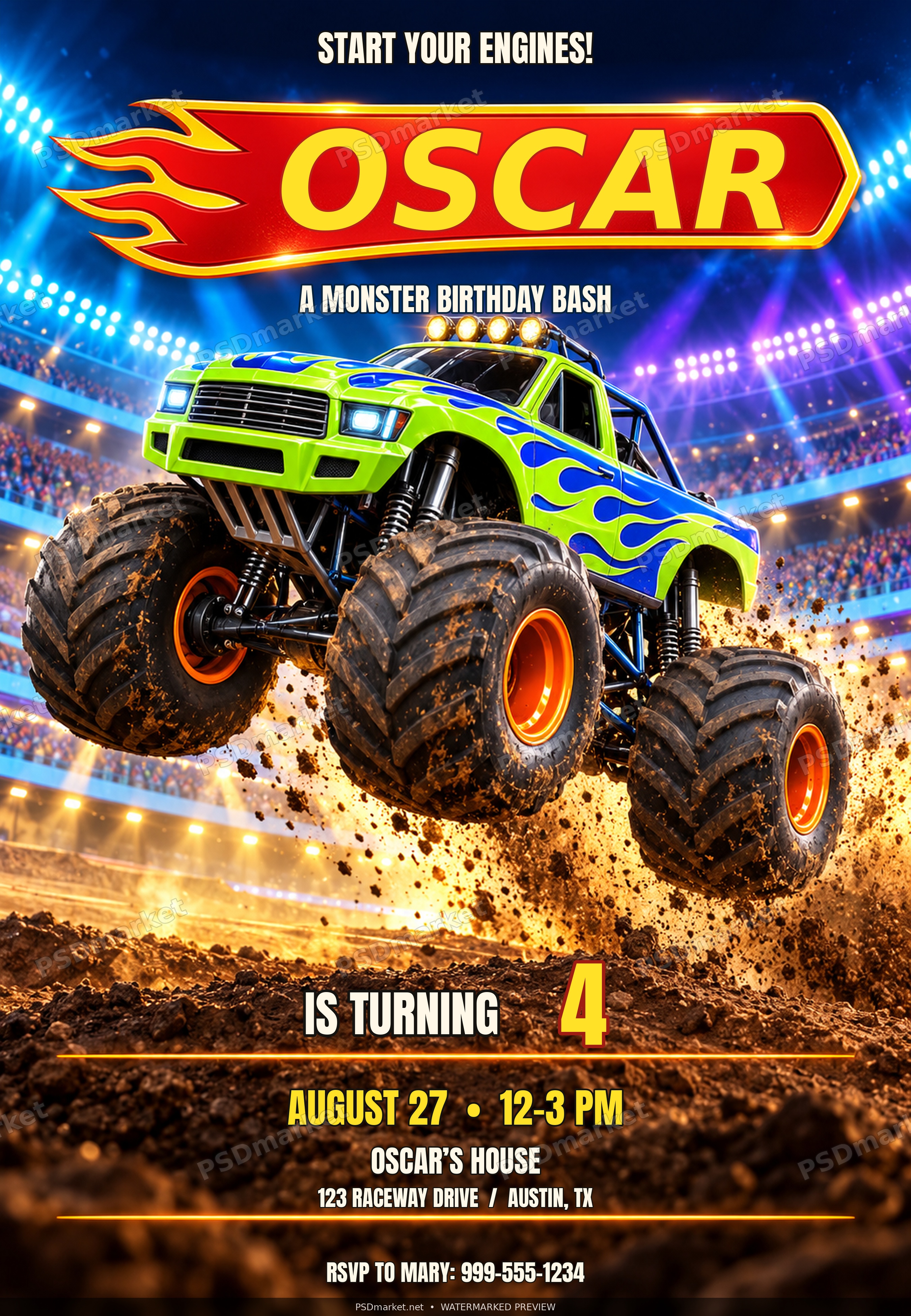 Monster Racer Birthday invitation PSD with standard PSDmarket watermark