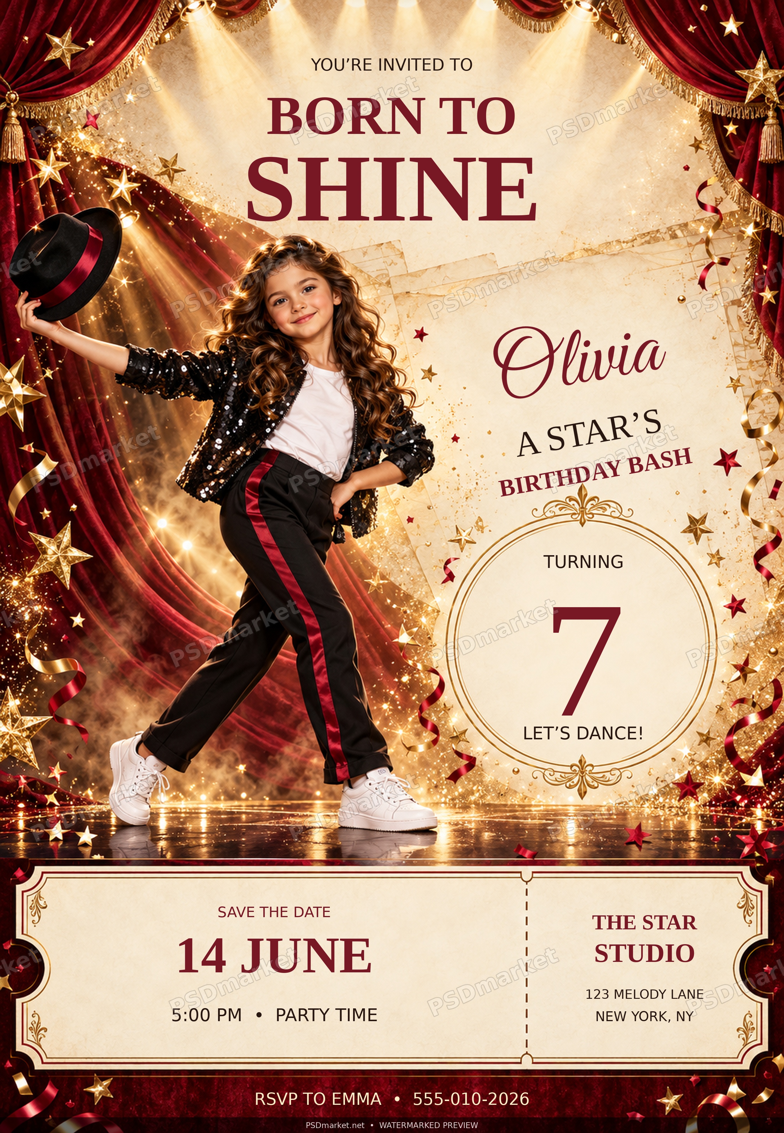 Born to Shine Stage Birthday PSD with standard PSDmarket watermark