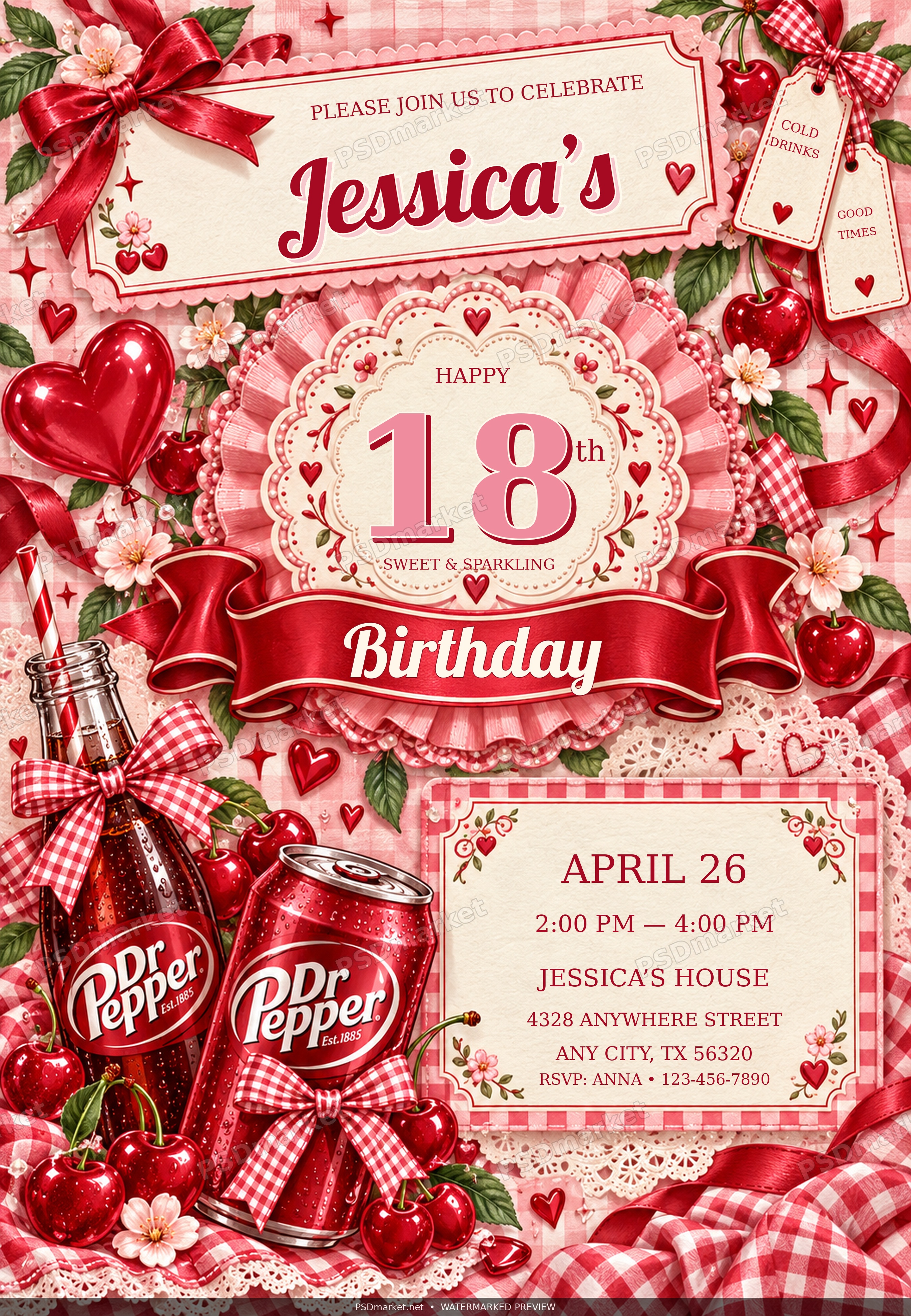 Cherry Soda Birthday invitation PSD with standard PSDmarket watermark