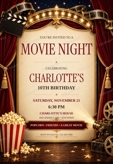 Movie Night Birthday invitation PSD with standard PSDmarket watermark