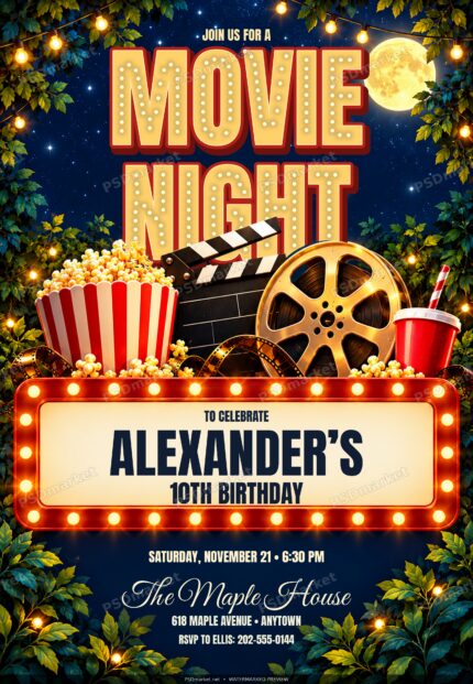 Outdoor Cinema Birthday invitation PSD with stacked Movie Night title and standard PSDmarket watermark