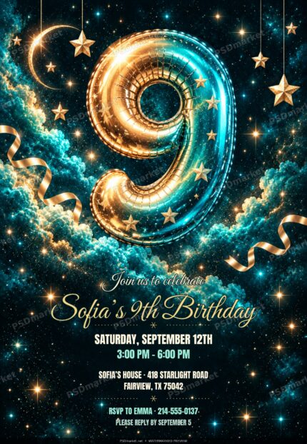 Galaxy ninth birthday invitation PSD with independently movable foil nine and standard PSDmarket watermark