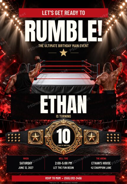 Rumble Champion wrestling birthday layered PSD with standard PSDmarket watermark