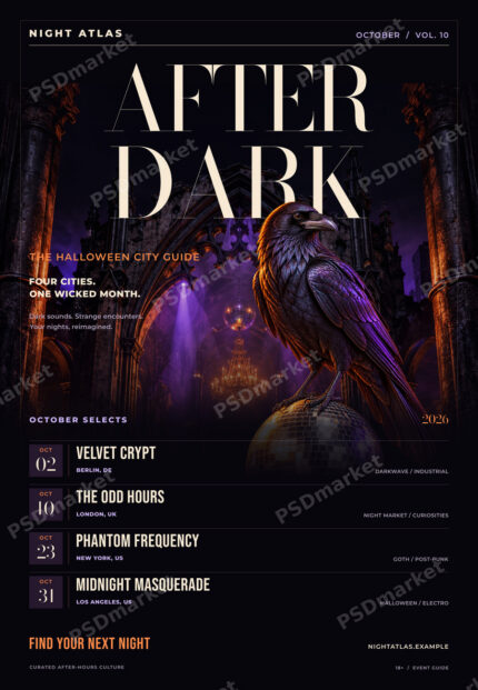After Dark City Guide Halloween Flyer PSD Template with repeated PSDmarket preview watermark