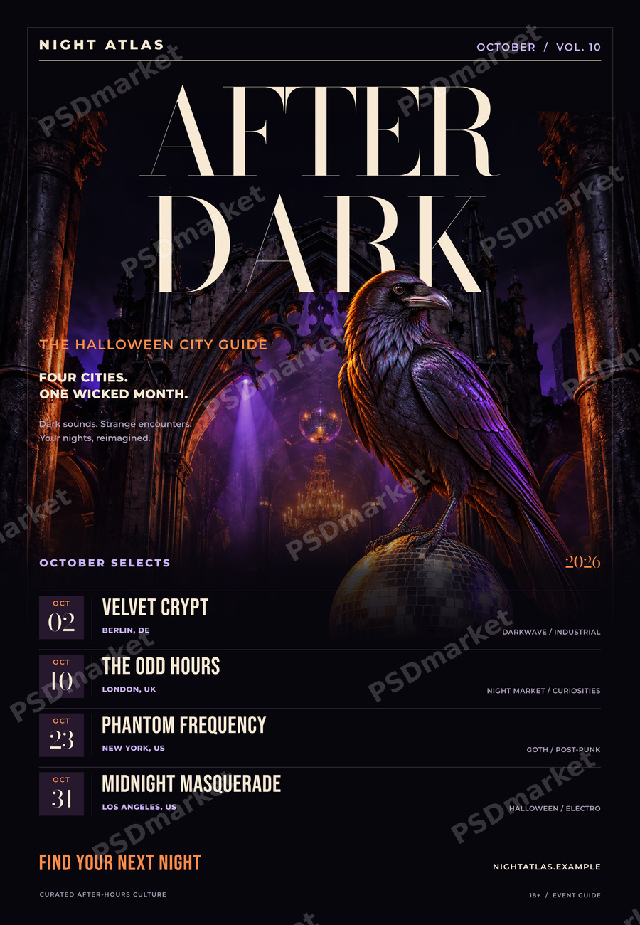 After Dark City Guide Halloween Flyer PSD Template — PSD template preview
