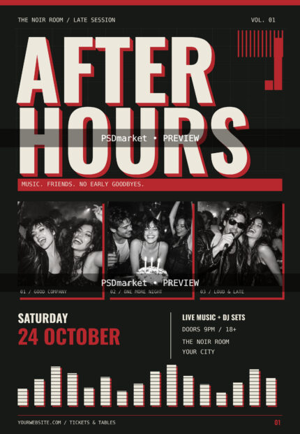 An oversized cream headline with red depth sits above three monochrome party photographs. Fine geometric lines, a red caption strip and a stepped rhythm motif build a striking black, cream and red composition for late-night music, DJ sets and club events.