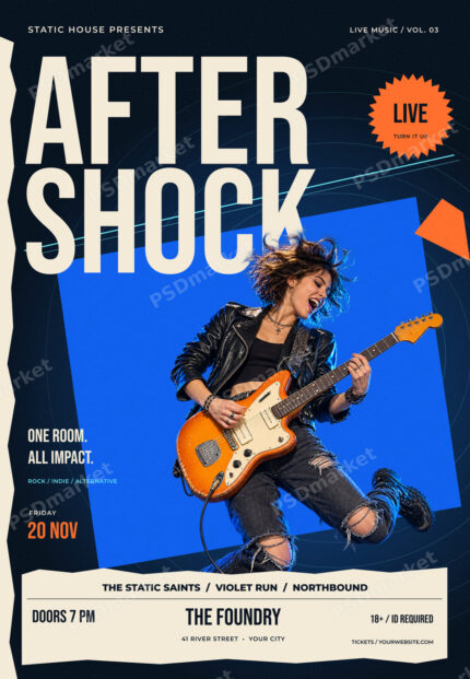 Aftershock Live Rock Concert Flyer PSD Template with repeated PSDmarket preview watermark