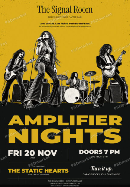 Amplifier Nights vintage rock band flyer with bold black headlines, distressed cream paper and a fictional four-piece band