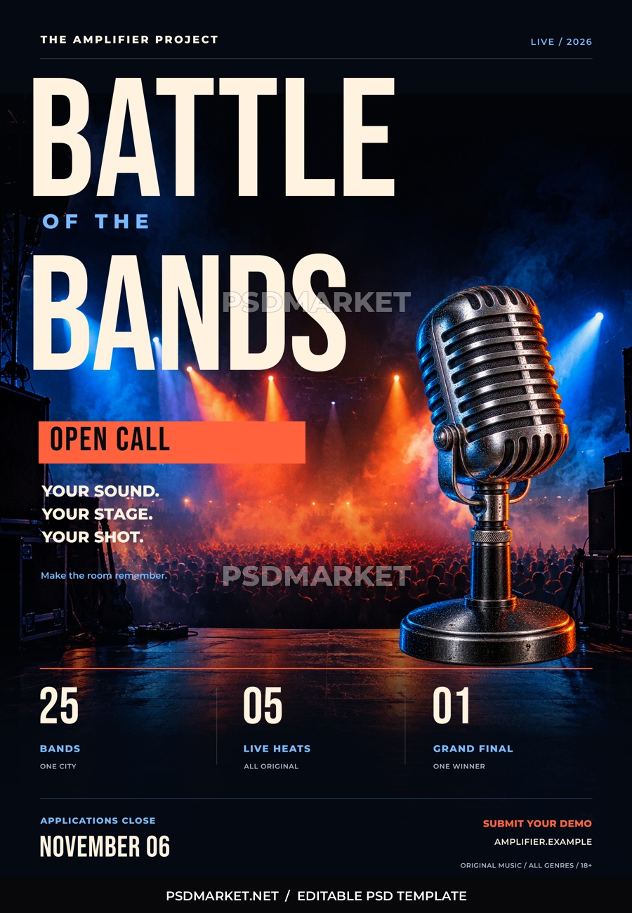 Battle of the Bands Live Music Flyer PSD Template — PSD template preview