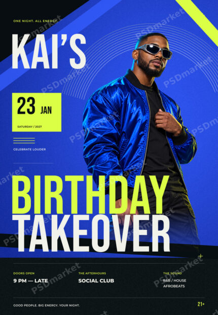 Birthday Takeover Cobalt Club Party Flyer PSD Template with PSDmarket preview watermark
