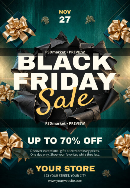 Black Friday sale flyer with white headline, gold Sale script, torn black paper, teal gift boxes and champagne-gold bows