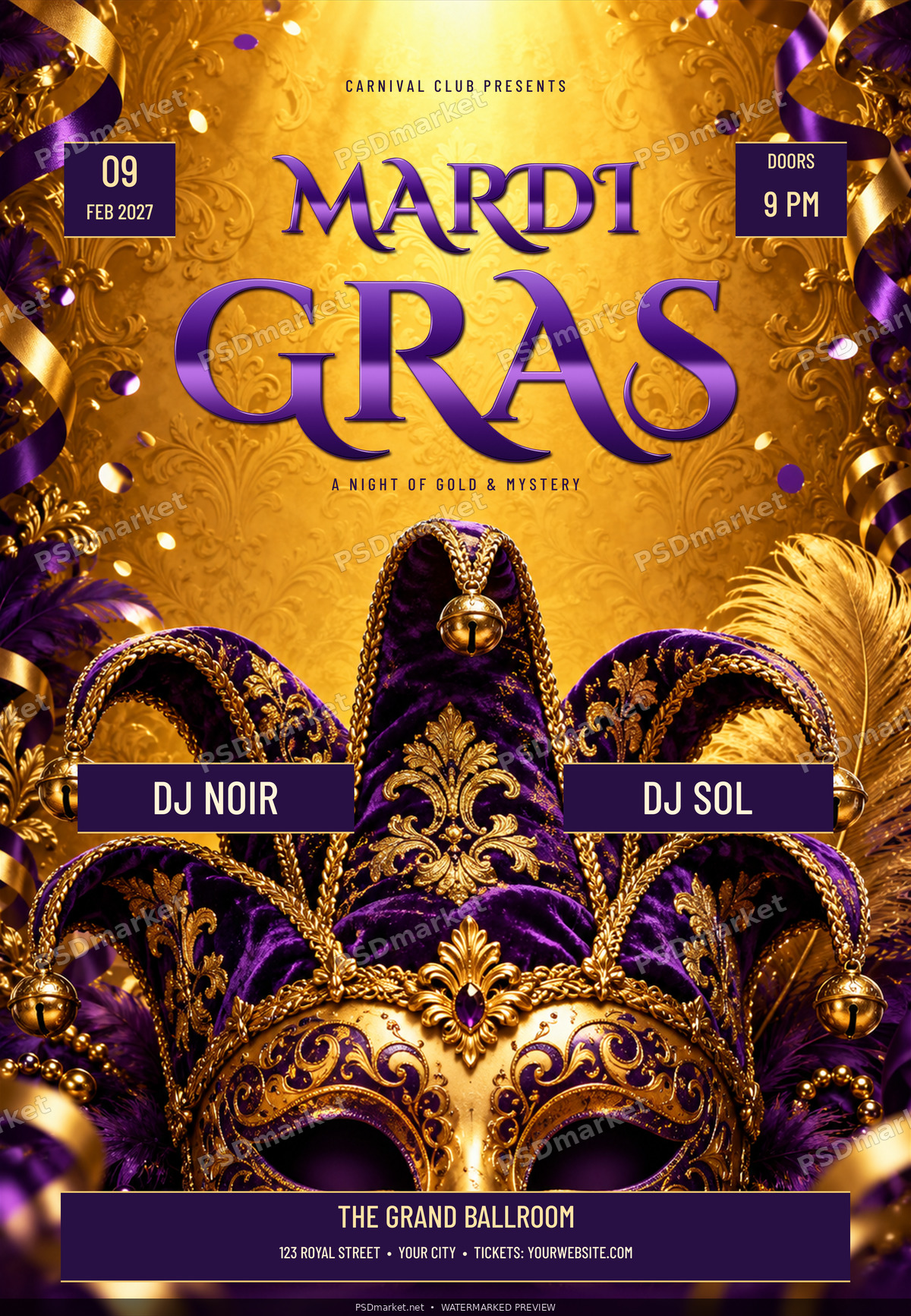 Carnival Reign Mardi Gras Flyer PSD Template — PSD template preview