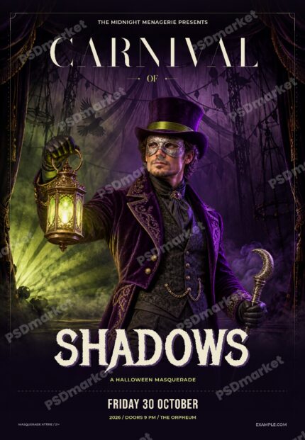 Carnival of Shadows Halloween Masquerade Flyer PSD Template watermarked preview