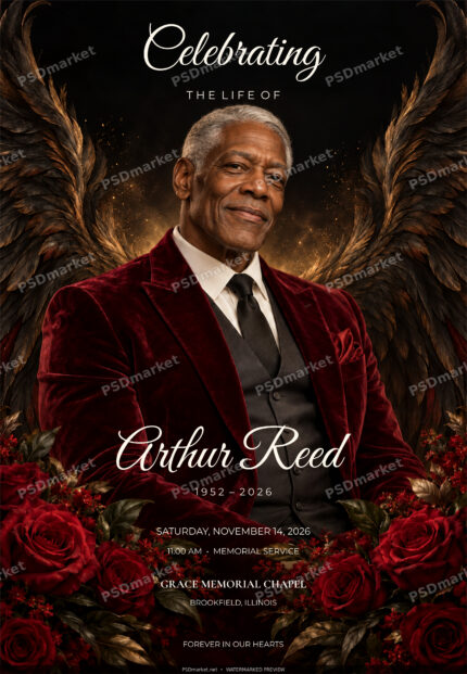 Celebration of Life Arthur Reed single memorial flyer with editable English typography and protected portrait composition