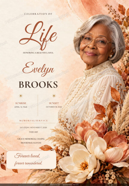 Cream floral Celebration of Life memorial flyer for Evelyn Brooks with terracotta accents and editable English lettering