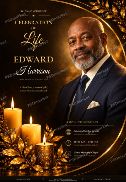 Celebration of Life — Golden Legacy single memorial flyer with editable English typography and protected portrait composition