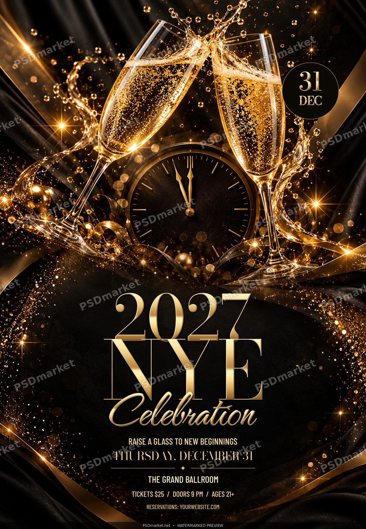 Champagne Midnight New Year Flyer PSD Template — PSD template preview