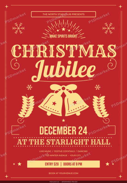 Christmas Jubilee vintage red and gold Christmas party flyer with ornate lettering, twin bells, ribbons and festive botanical decorations