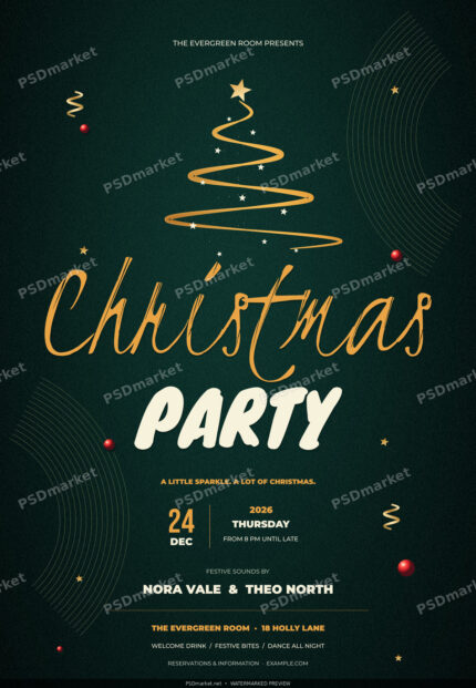Emerald Gold Ribbon Christmas Party Flyer PSD Template — PSD template preview