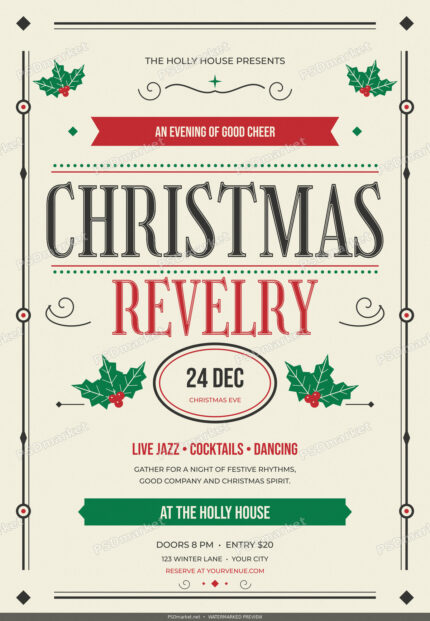 Christmas Revelry vintage Christmas party flyer with engraved serif lettering, holly, red and green ink on ivory; PSDmarket watermarked preview
