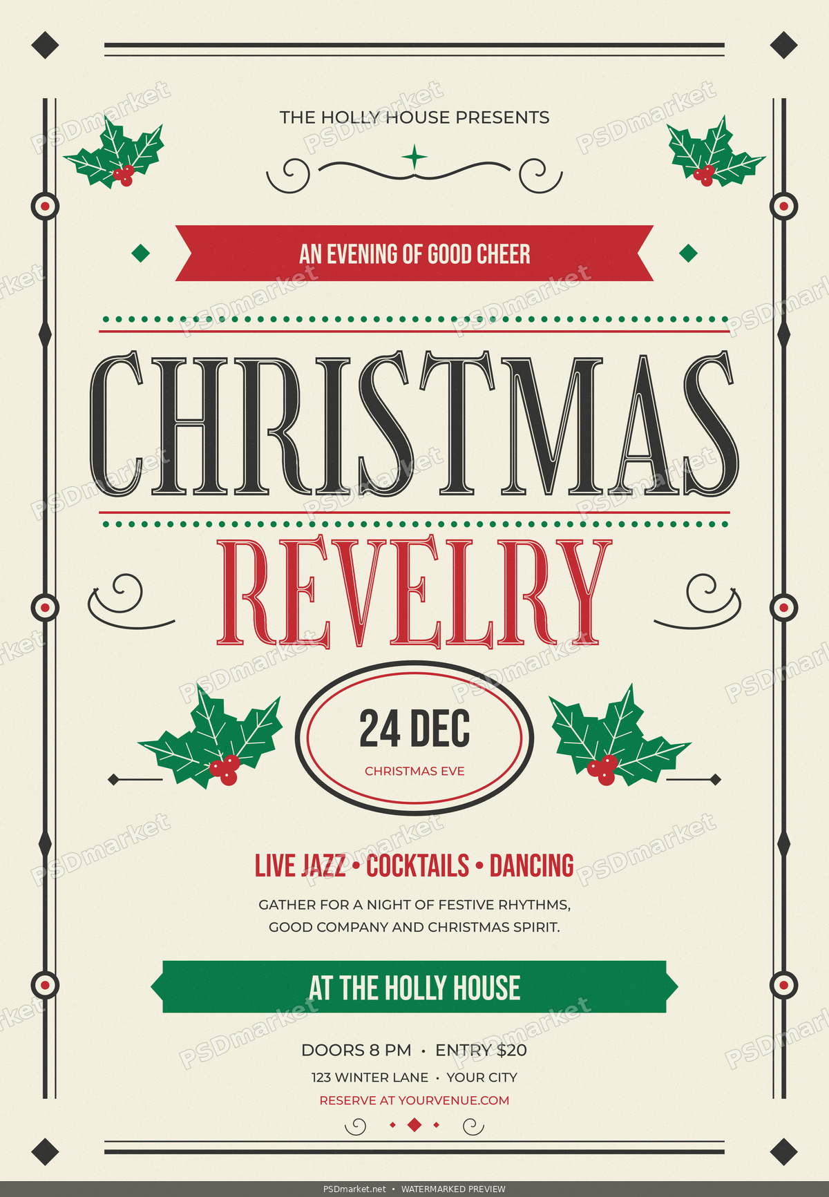 Christmas Revelry vintage Christmas party flyer with engraved serif lettering, holly, red and green ink on ivory; PSDmarket watermarked preview