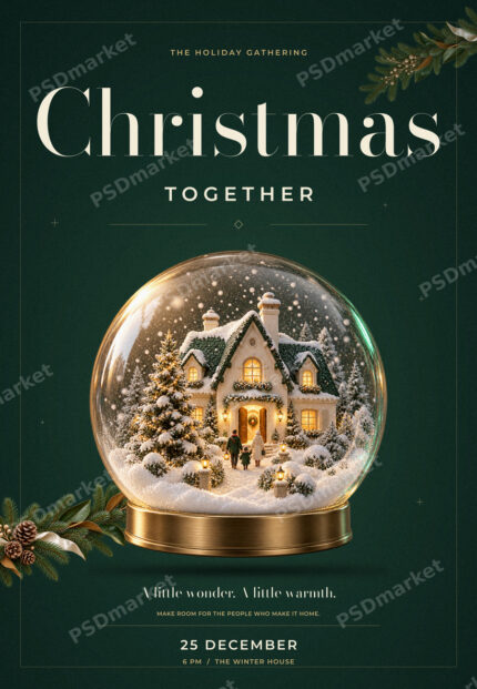 Christmas Together Snow Globe Holiday Gathering Flyer PSD Template with PSDmarket preview watermark