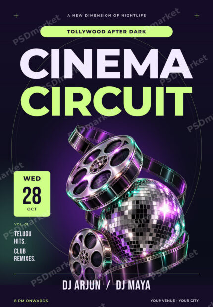 Cinema Circuit Tollywood Club Night Flyer PSD Template with PSDmarket preview watermark