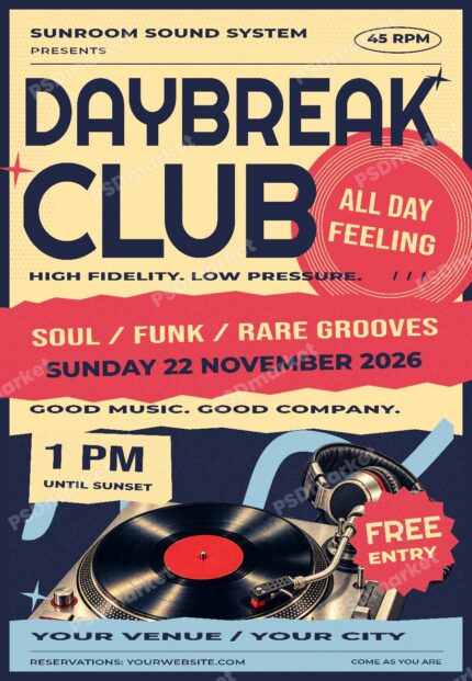 Daybreak Club Retro Soul and Funk Party Flyer PSD Template with PSDmarket watermark