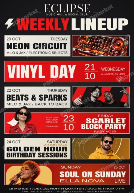 Red, black and cream weekly music lineup flyer with event panels and performer portraits and a PSDmarket preview watermark