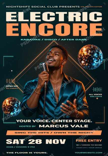 Electric Encore Karaoke and Disco Party Flyer PSD Template with protected PSDmarket watermark