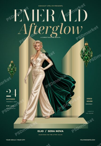 Emerald Afterglow Christmas Eve Fashion Party Flyer PSD Template watermarked preview