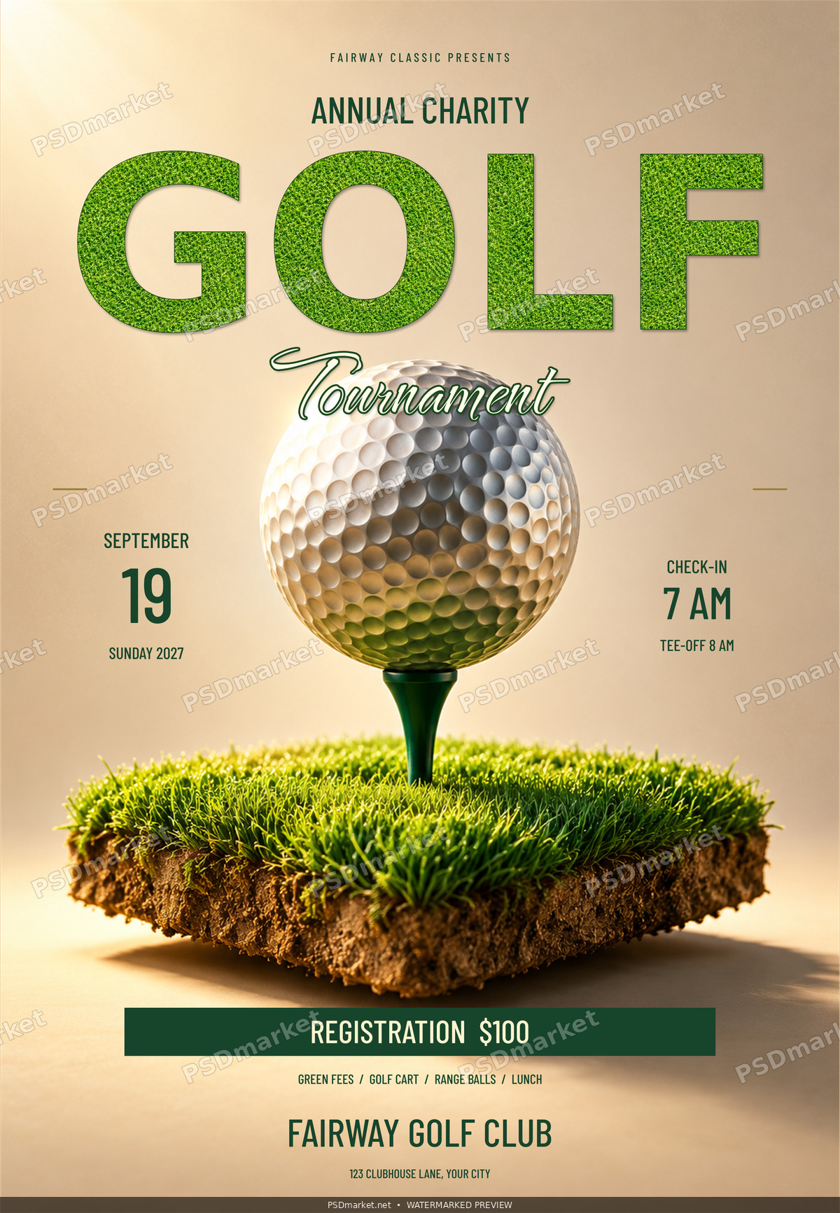 Fairway Greens Charity Golf Flyer PSD Template — PSD template preview