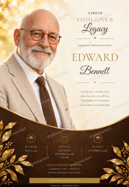 Faith Love Legacy Memorial single memorial flyer with editable English typography and protected portrait composition